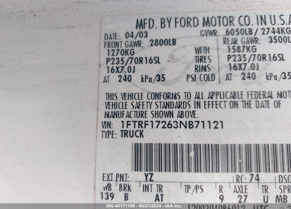 2003 FORD F-150 XL/XLT VIN: 1FTRF17263NB71121