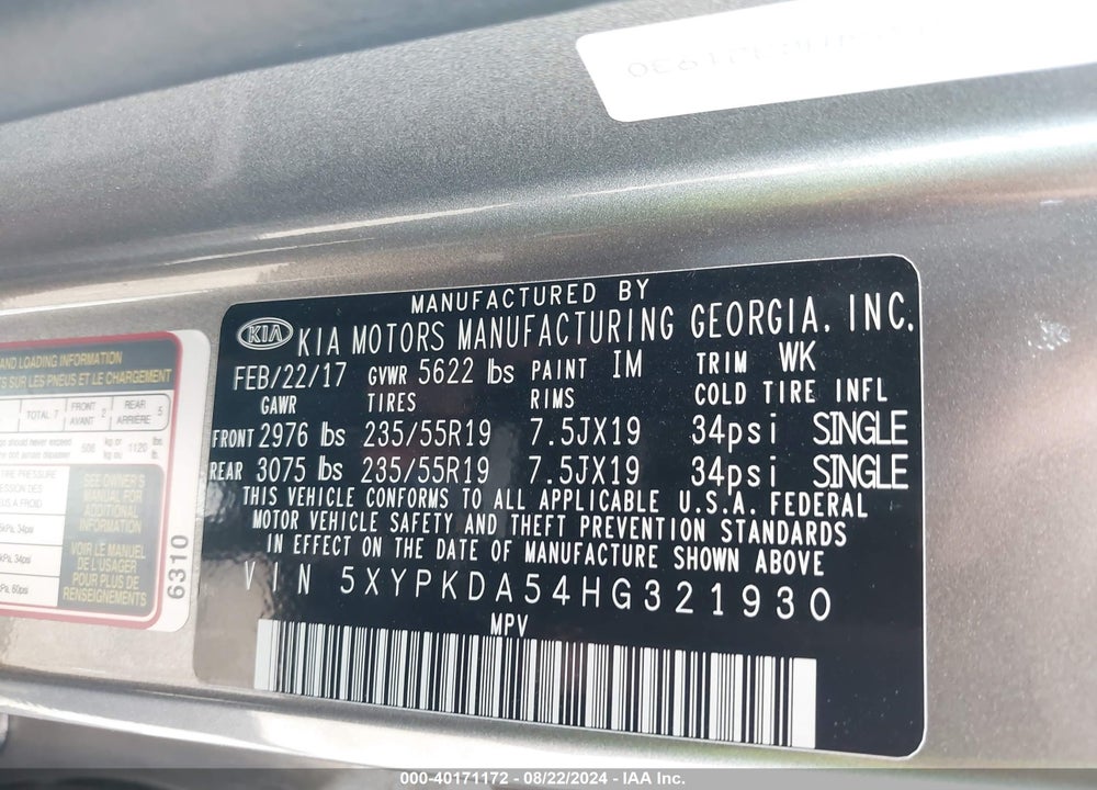 2017 KIA SORENTO 3.3L SX VIN: 5XYPKDA54HG321930