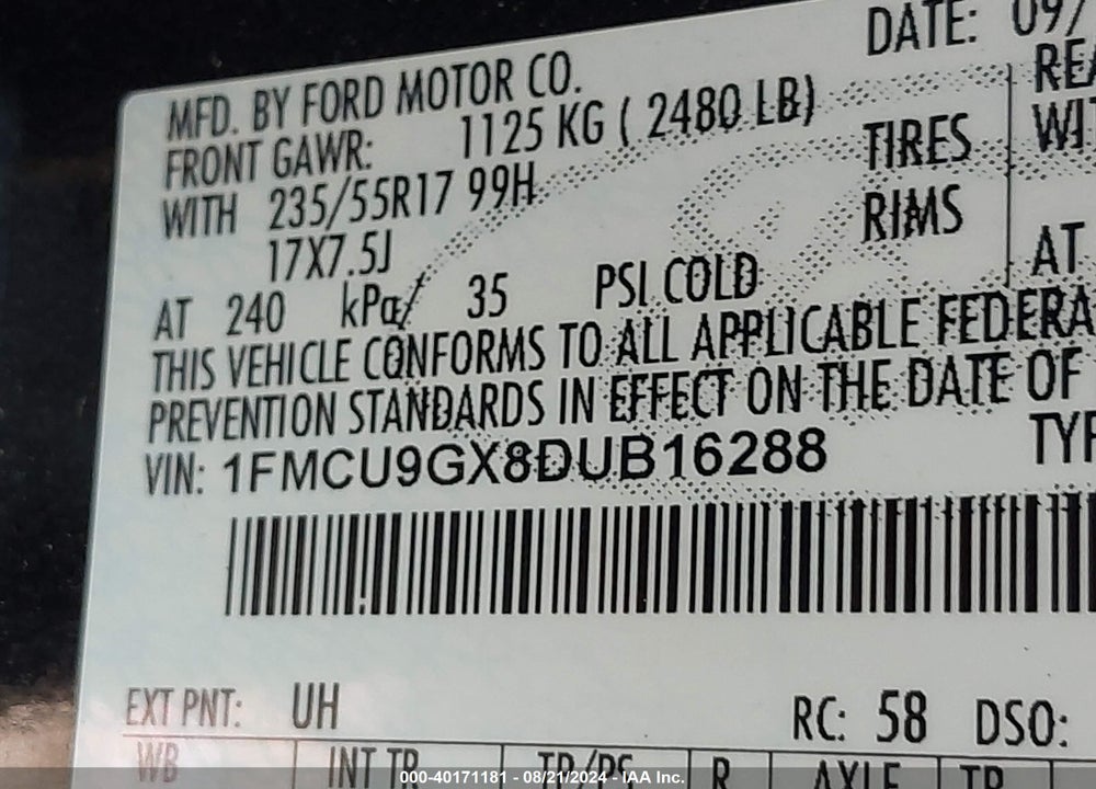 2013 FORD ESCAPE SE VIN: 1FMCU9GX8DUB16288
