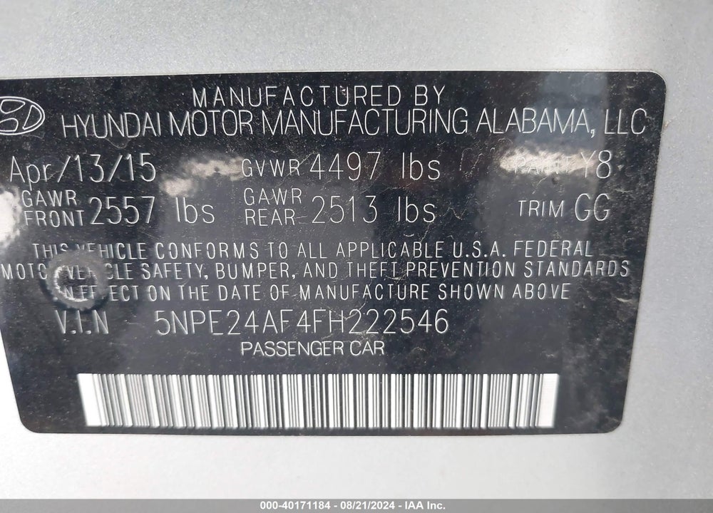 2015 HYUNDAI SONATA SE VIN: 5NPE24AF4FH222546