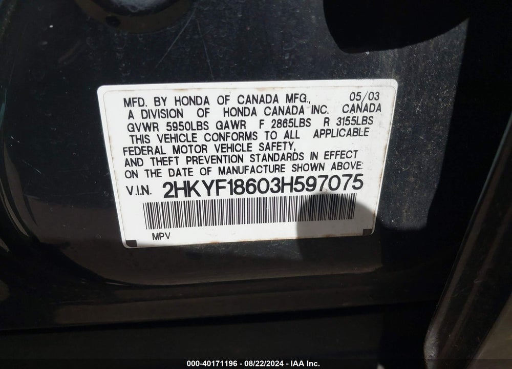 2003 HONDA PILOT EX-L VIN: 2HKYF18603H597075