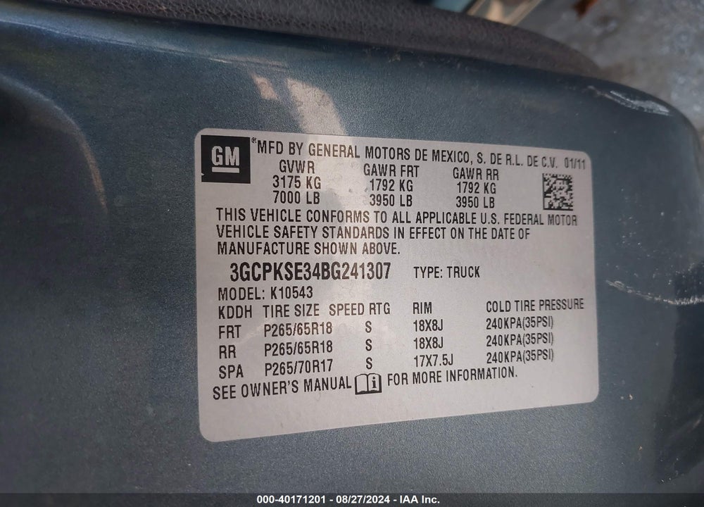 2011 CHEVROLET SILVERADO 1500 LT VIN: 3GCPKSE34BG241307