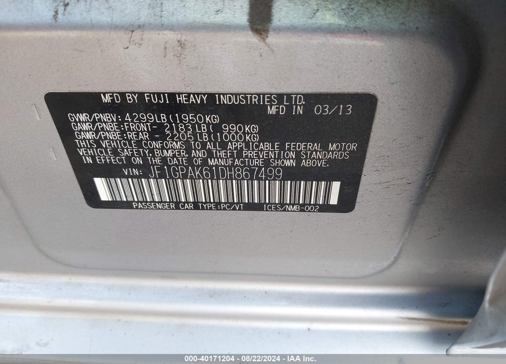 2013 SUBARU IMPREZA 2.0I LIMITED VIN: JF1GPAK61DH867499