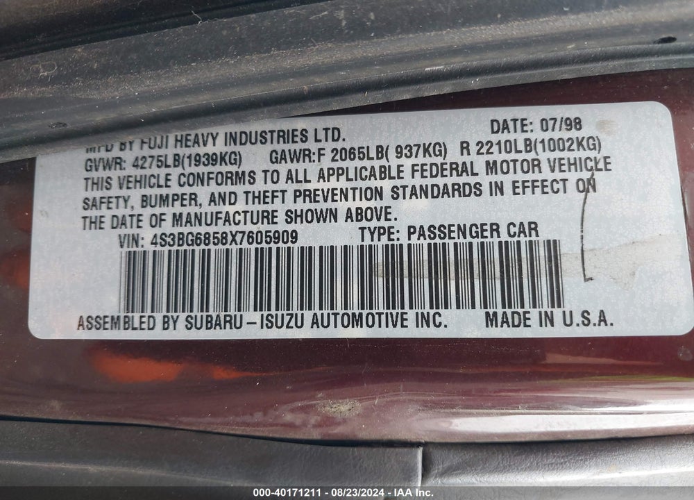 1999 SUBARU LEGACY 30TH ANN. OUTBACK LTD./OUTBACK VIN: 4S3BG6858X7605909