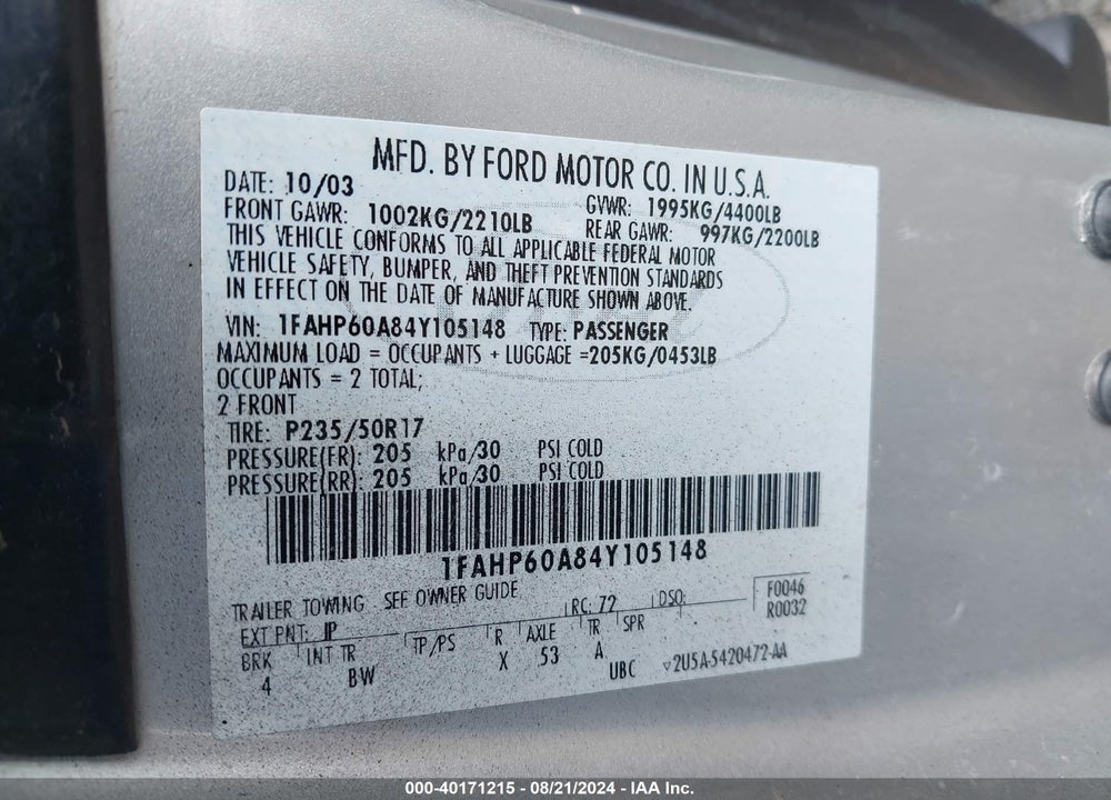 2004 FORD THUNDERBIRD VIN: 1FAHP60A84Y105148