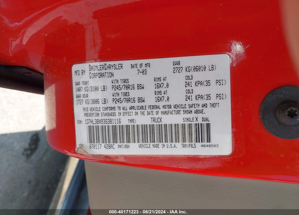 2003 DODGE DAKOTA SPORT/SXT VIN: 1D7HL38X93S381116