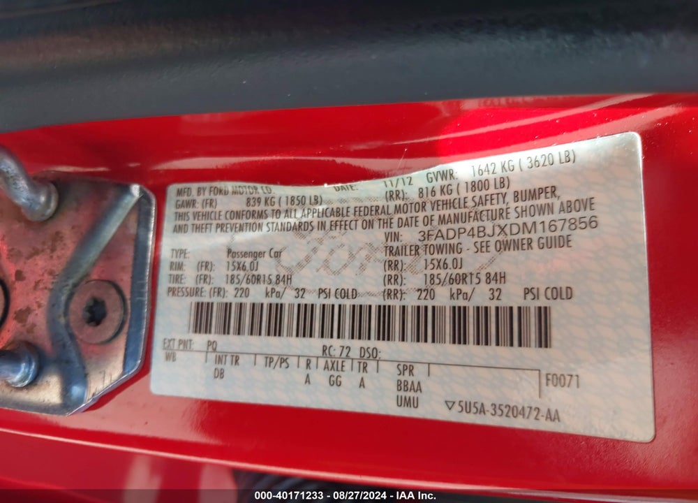 2013 FORD FIESTA SE VIN: 3FADP4BJXDM167856
