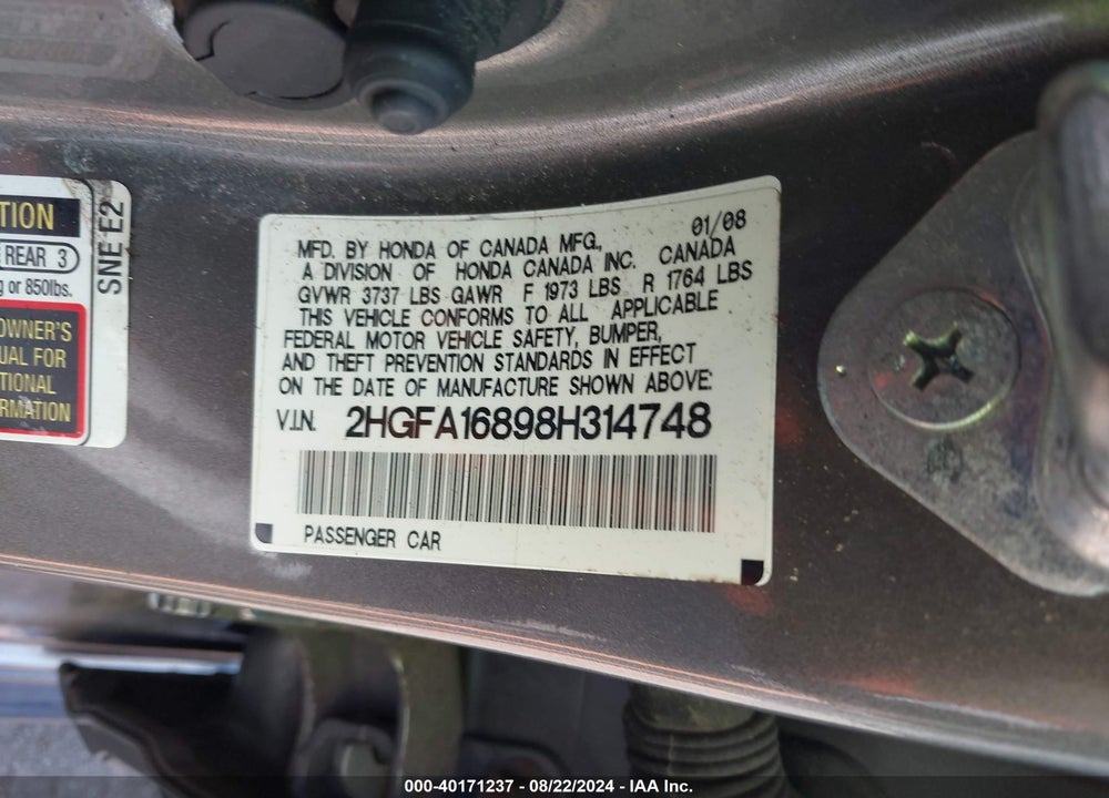 2008 HONDA CIVIC EX VIN: 2HGFA16898H314748