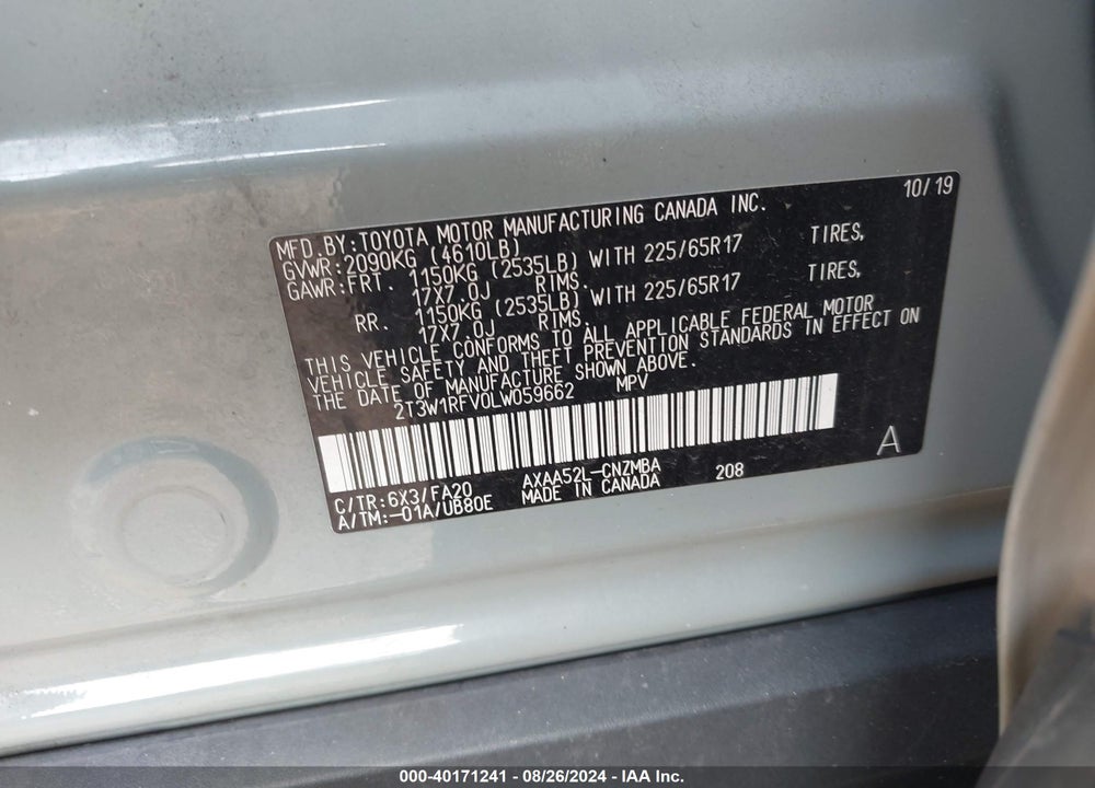 2020 TOYOTA RAV4 XLE VIN: 2T3W1RFV0LW059662