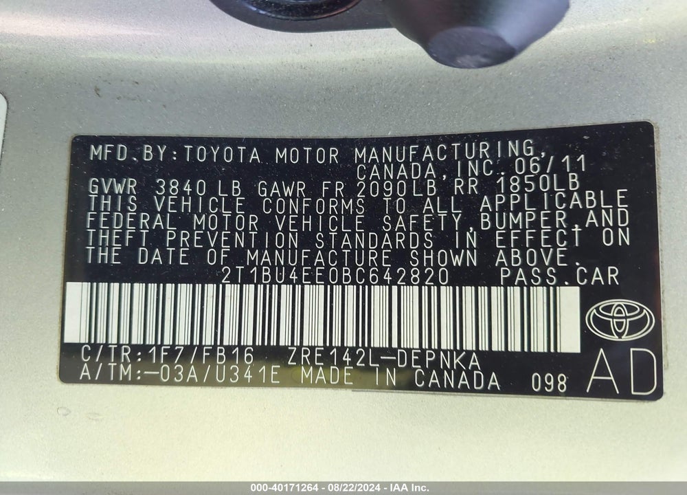 2011 TOYOTA COROLLA VIN: 2T1BU4EE0BC642820