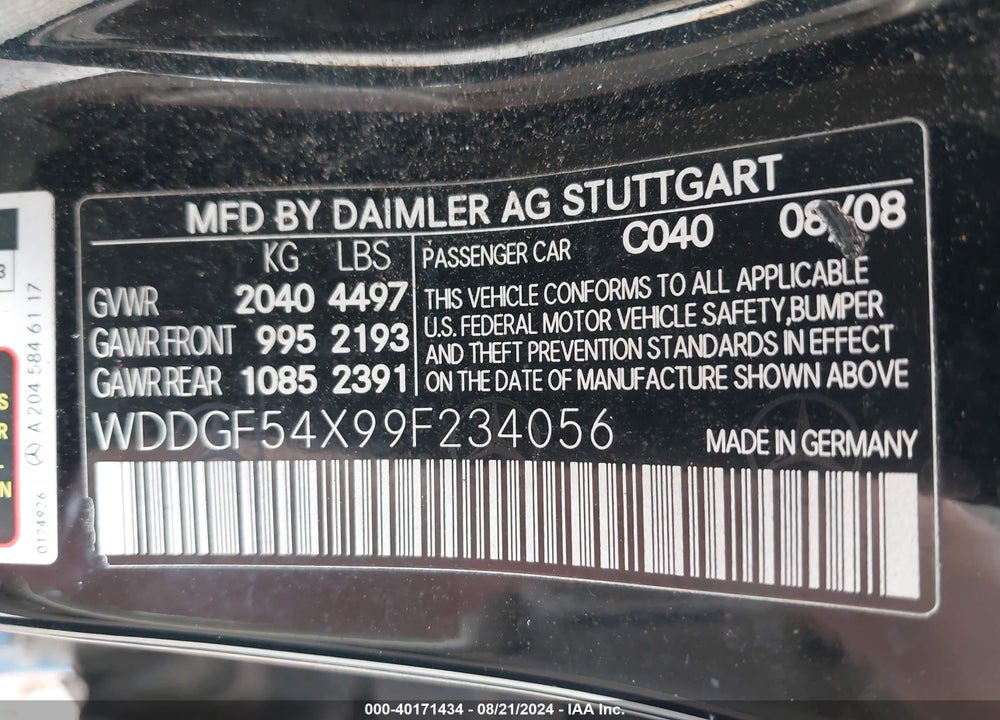 2009 MERCEDES-BENZ C 300 LUXURY/SPORT VIN: WDDGF54X99F234056