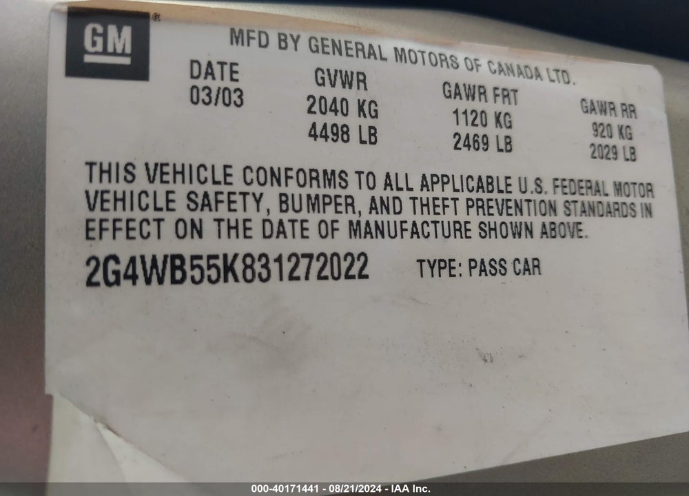 2003 BUICK REGAL LS VIN: 2G4WB55K831272022