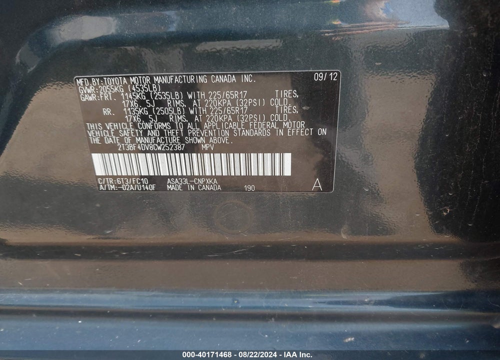 2012 TOYOTA RAV4 VIN: 2T3BF4DV8CW252387