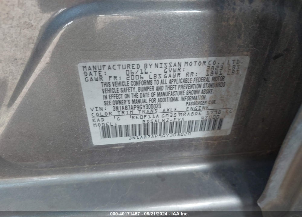2016 NISSAN SENTRA FE+ S/S/SL/SR/SV VIN: 3N1AB7AP9GY305020