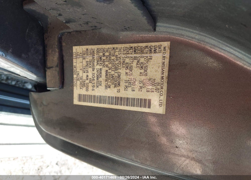 2008 NISSAN TITAN LE VIN: 1N6BA06A68N306394