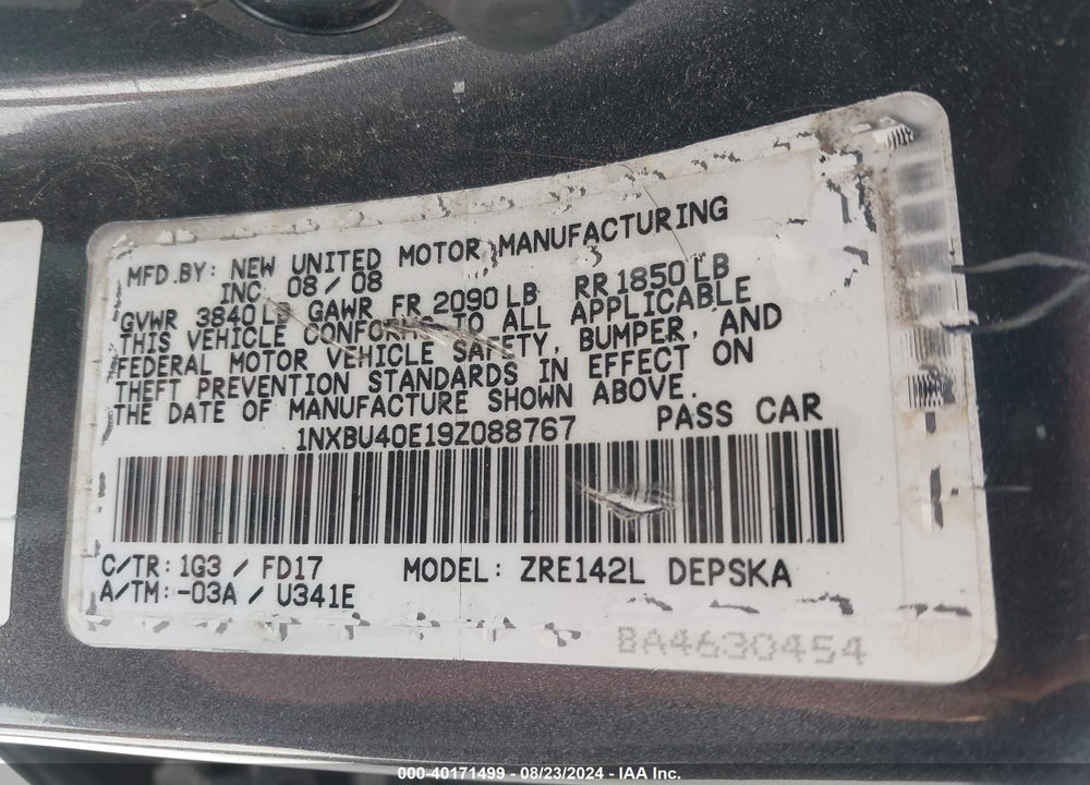 2009 TOYOTA COROLLA S VIN: 1NXBU40E19Z088767