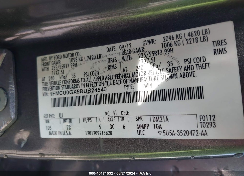2013 FORD ESCAPE VIN: 1FMCU0GX5DUB24540