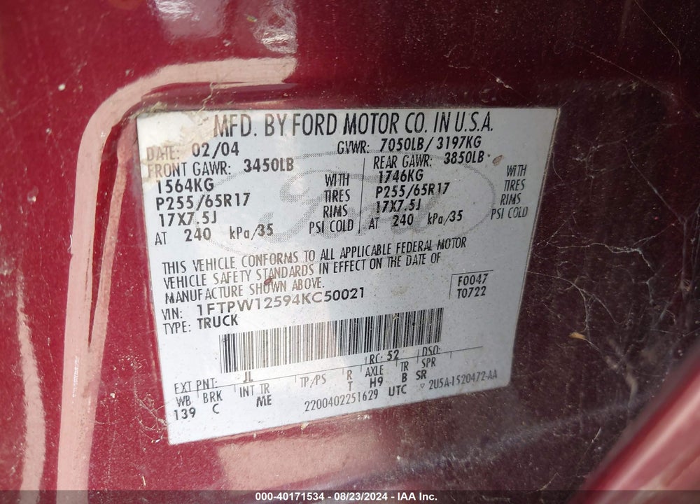 2004 FORD F-150 LARIAT/XLT VIN: 1FTPW12594KC50021