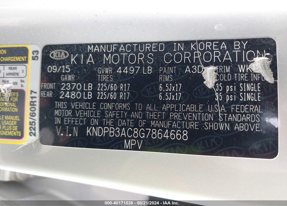 2016 KIA SPORTAGE LX VIN: KNDPB3AC8G7864668