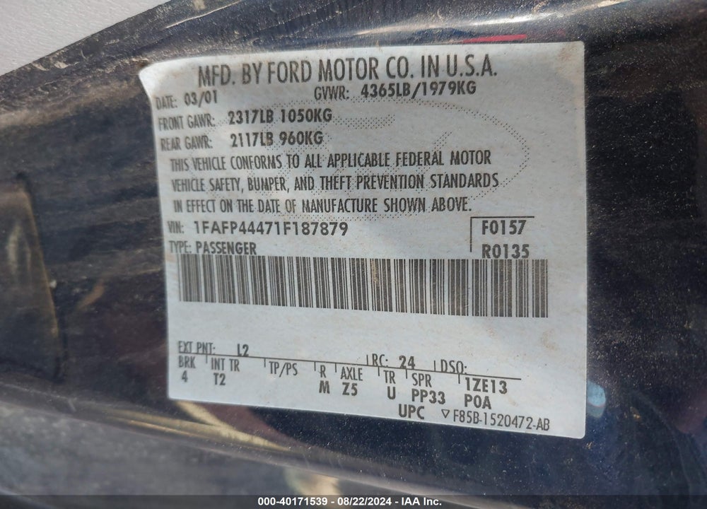 2001 FORD MUSTANG VIN: 1FAFP44471F187879