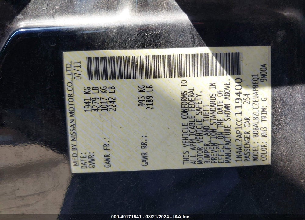 2012 NISSAN ALTIMA 2.5 S VIN: 1N4AL2AP1CC119400