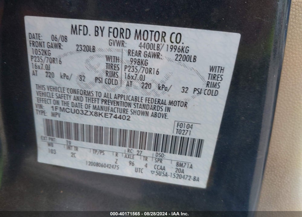 2008 FORD ESCAPE VIN: 1FMCU03ZX8KE74402