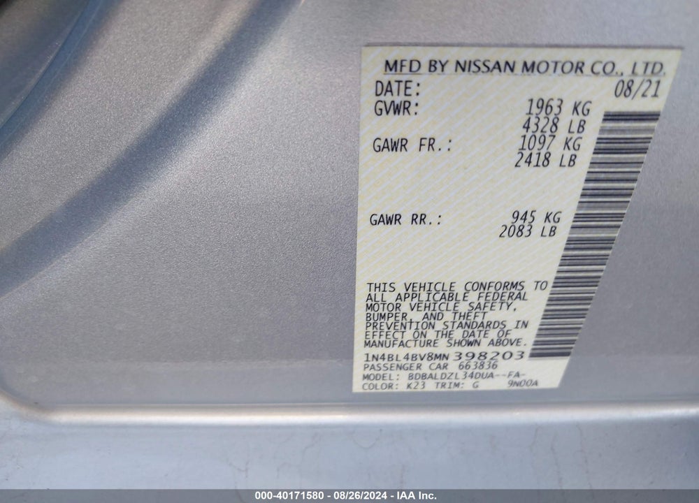 2021 NISSAN ALTIMA S FWD VIN: 1N4BL4BV8MN398203