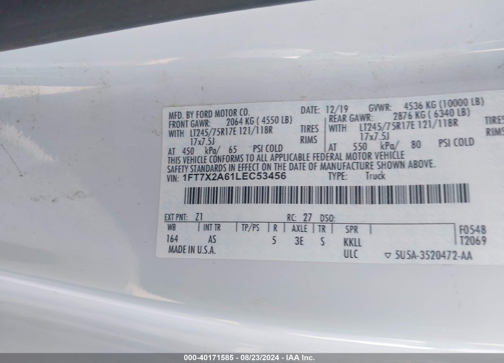 2020 FORD F-250 XL VIN: 1FT7X2A61LEC53456