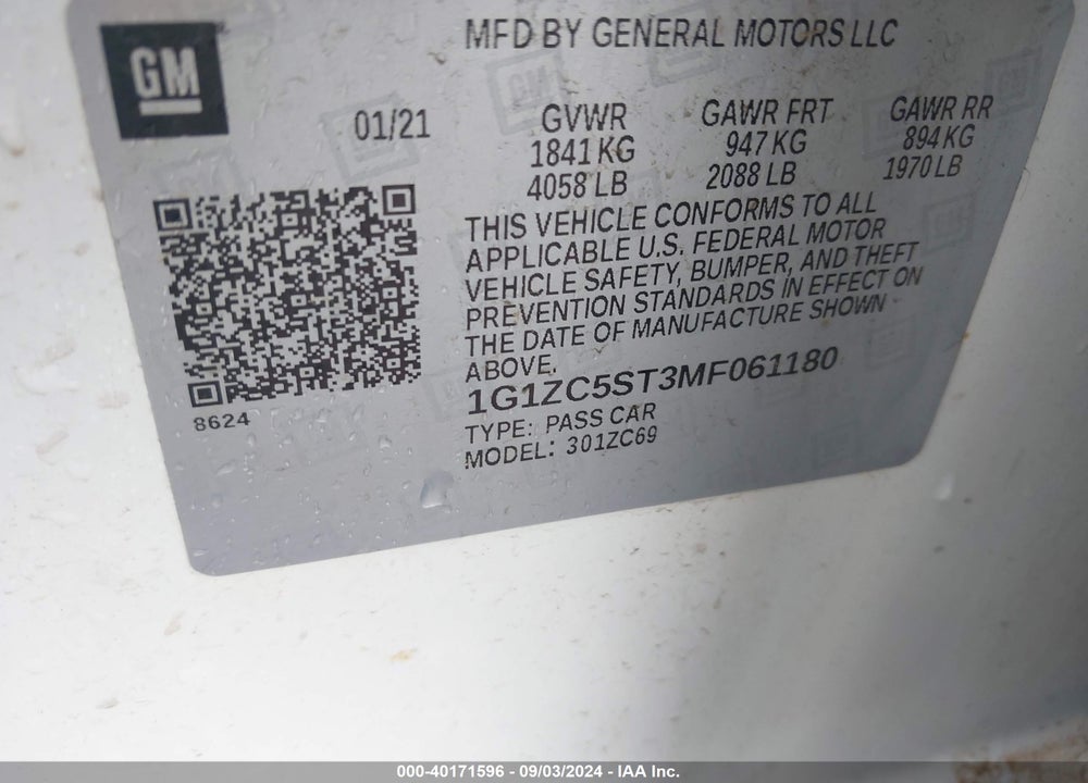 2021 CHEVROLET MALIBU VIN: 1G1ZC5ST3MF061180
