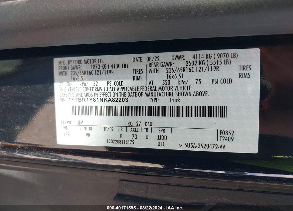 2022 FORD TRANSIT-250 VIN: 1FTBR1Y81NKA82203