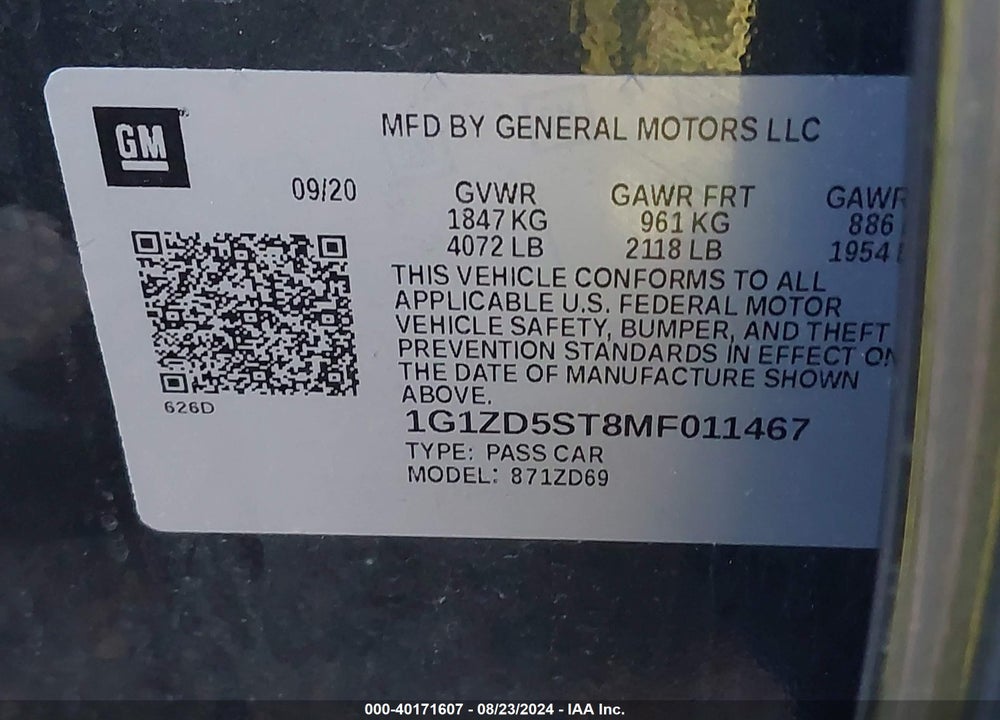 2021 CHEVROLET MALIBU FWD LT VIN: 1G1ZD5ST8MF011467