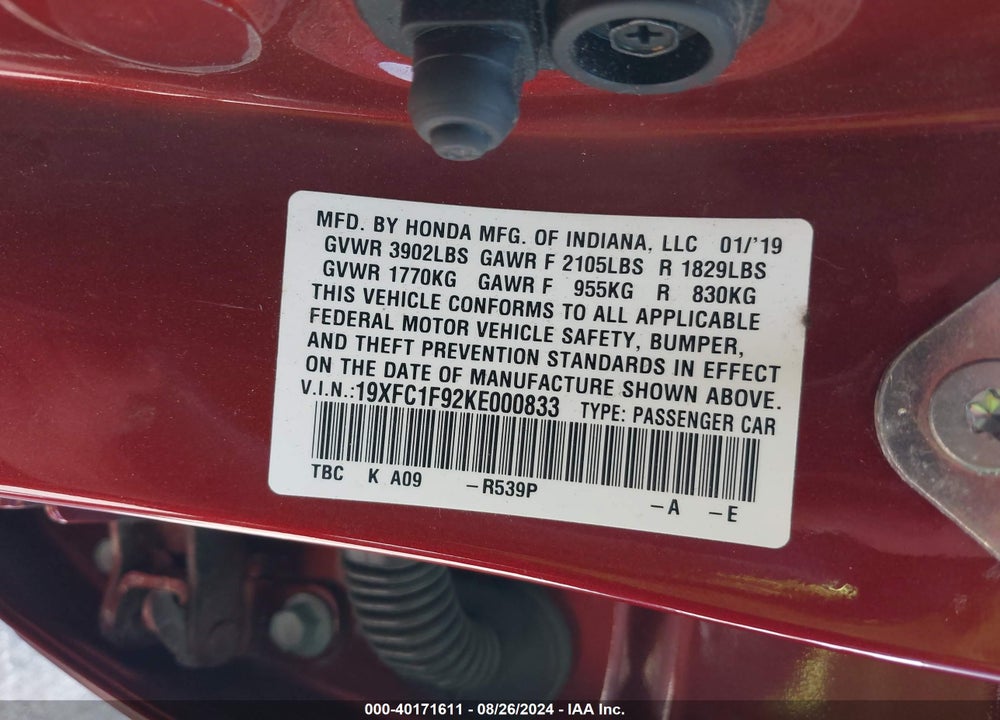 2019 HONDA CIVIC TOURING VIN: 19XFC1F92KE000833
