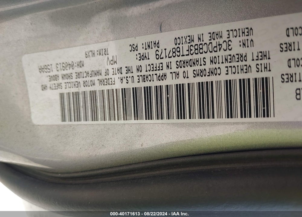 2015 DODGE JOURNEY SXT VIN: 3C4PDCBB3FT687179