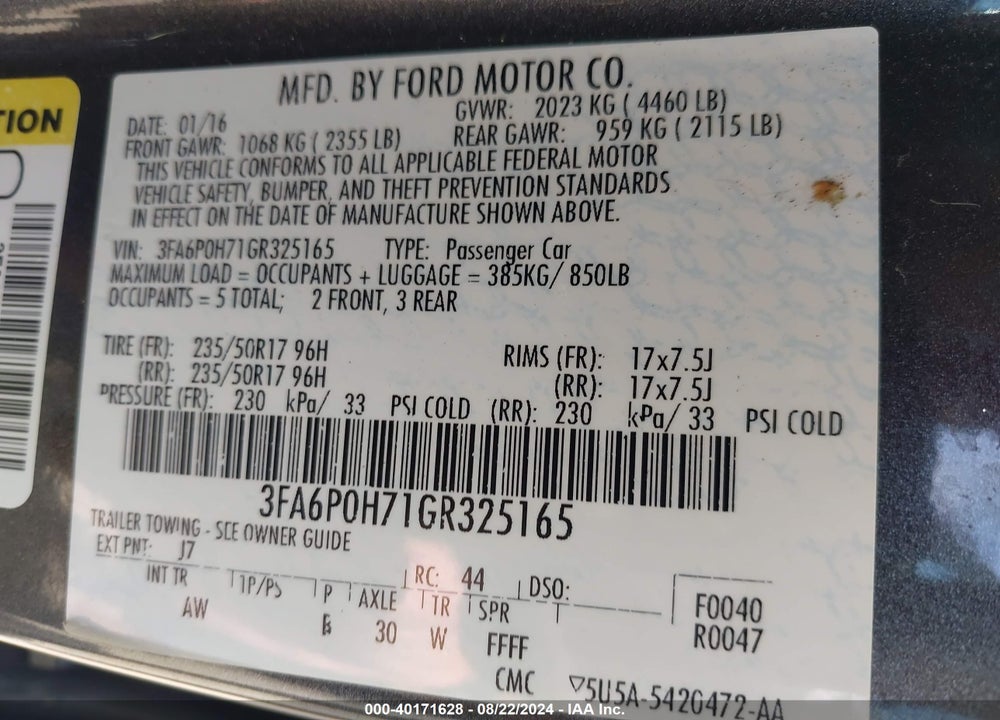 2016 FORD FUSION SE VIN: 3FA6P0H71GR325165