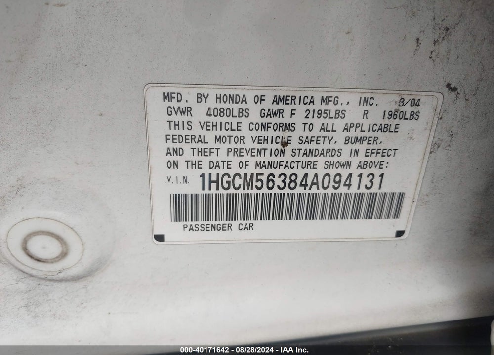 2004 HONDA ACCORD 2.4 LX VIN: 1HGCM56384A094131