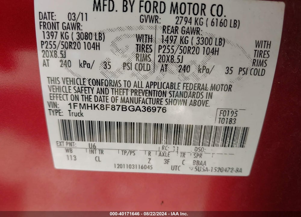 2011 FORD EXPLORER LIMITED VIN: 1FMHK8F87BGA36976