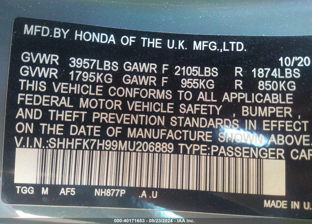 2021 HONDA CIVIC SPORT TOURING VIN: SHHFK7H99MU206889