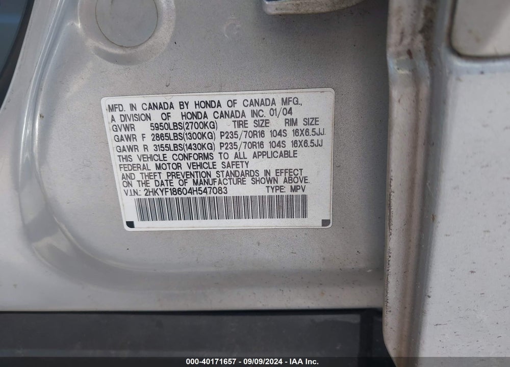 2004 HONDA PILOT EX-L VIN: 2HKYF18604H547083