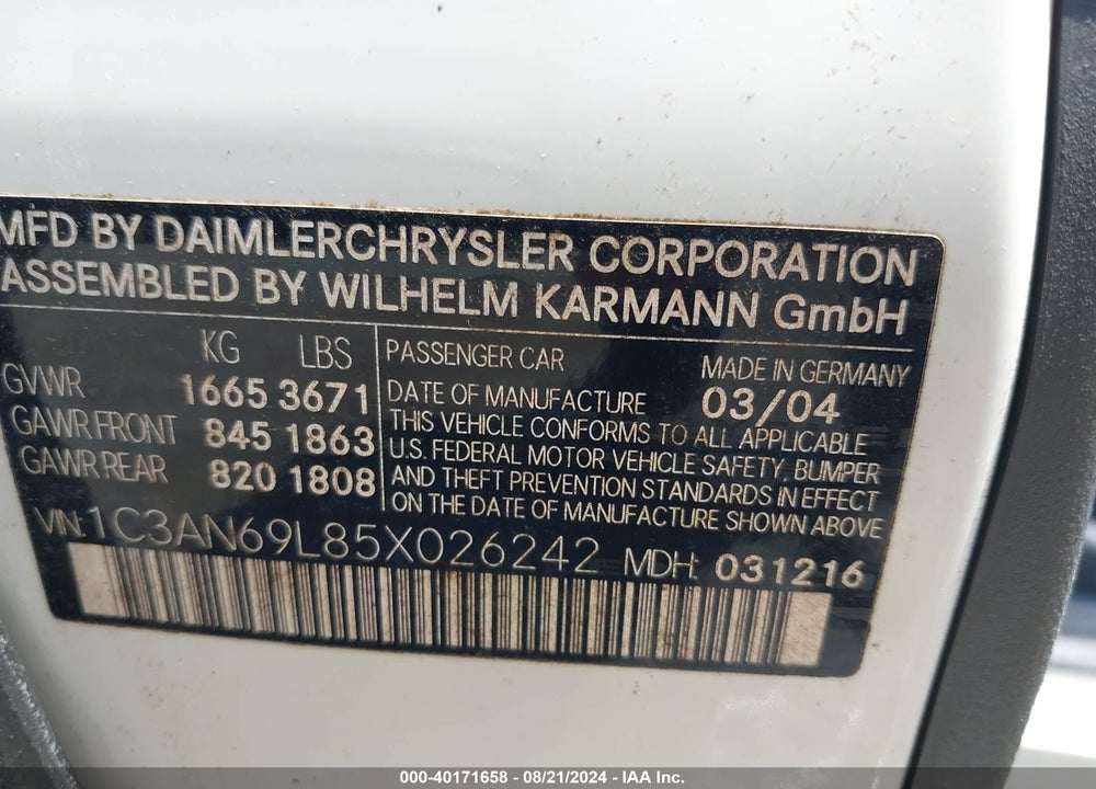 2005 CHRYSLER CROSSFIRE LIMITED VIN: 1C3AN69L85X026242