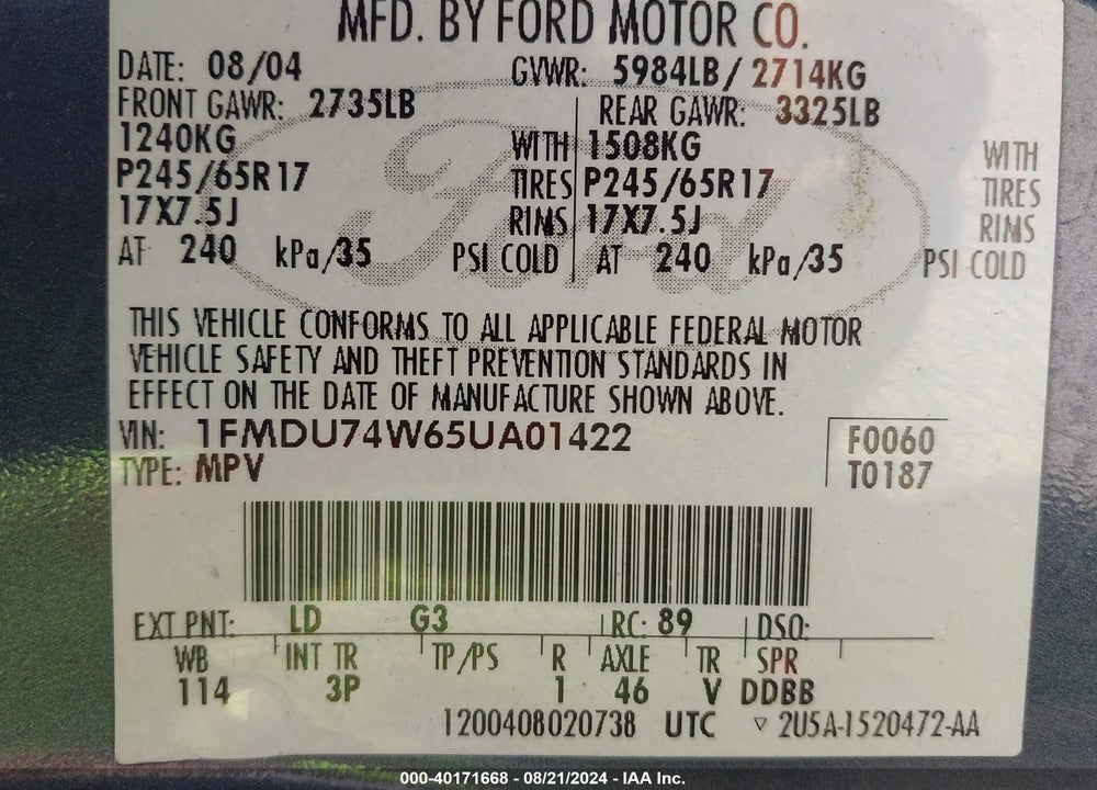 2005 FORD EXPLORER EDDIE BAUER VIN: 1FMDU74W65UA01422