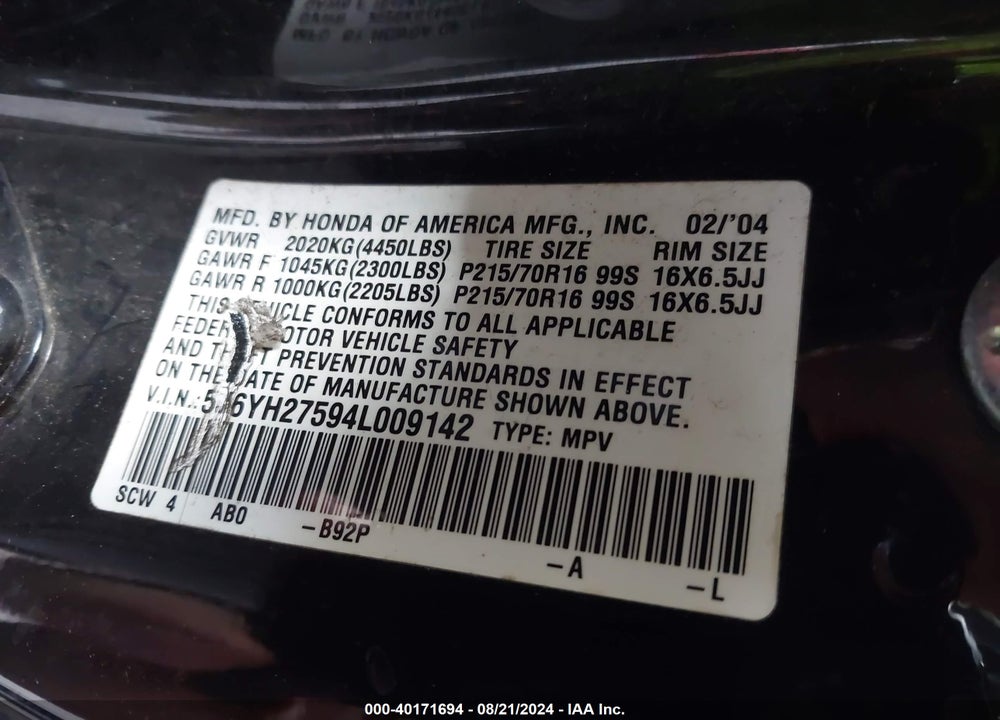 2004 HONDA ELEMENT EX VIN: 5J6YH27594L009142