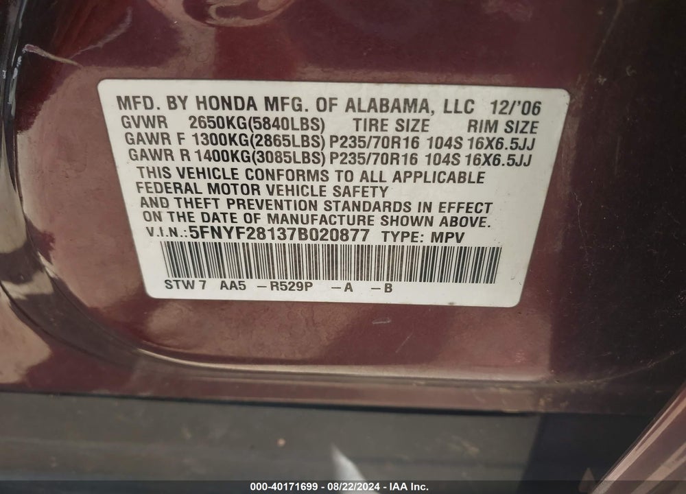 2007 HONDA PILOT LX VIN: 5FNYF28137B020877