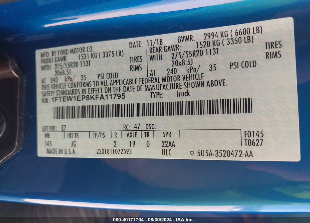 2019 FORD F-150 XL VIN: 1FTEW1EP8KFA11795