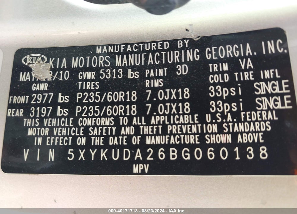 2011 KIA SORENTO EX V6 VIN: 5XYKUDA26BG060138