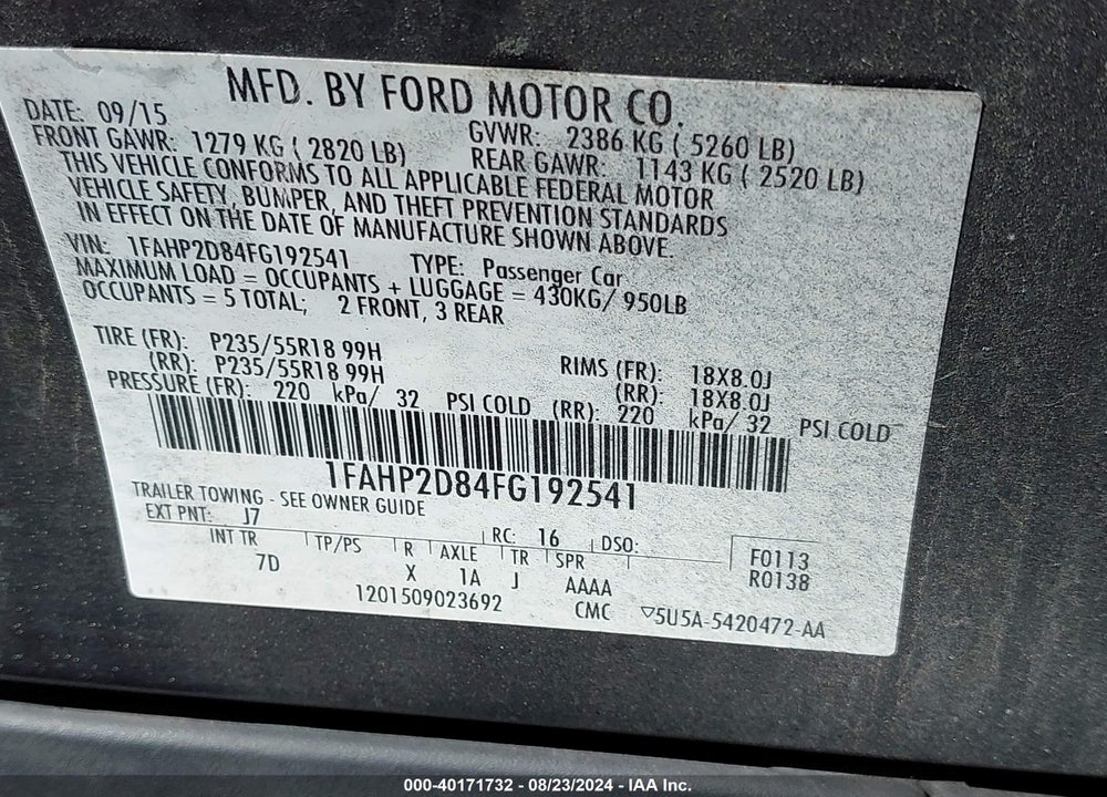 2015 FORD TAURUS SE VIN: 1FAHP2D84FG192541