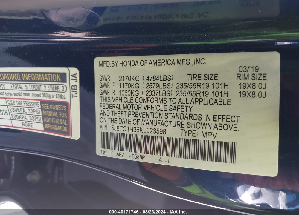 2019 ACURA RDX STANDARD VIN: 5J8TC1H36KL023598