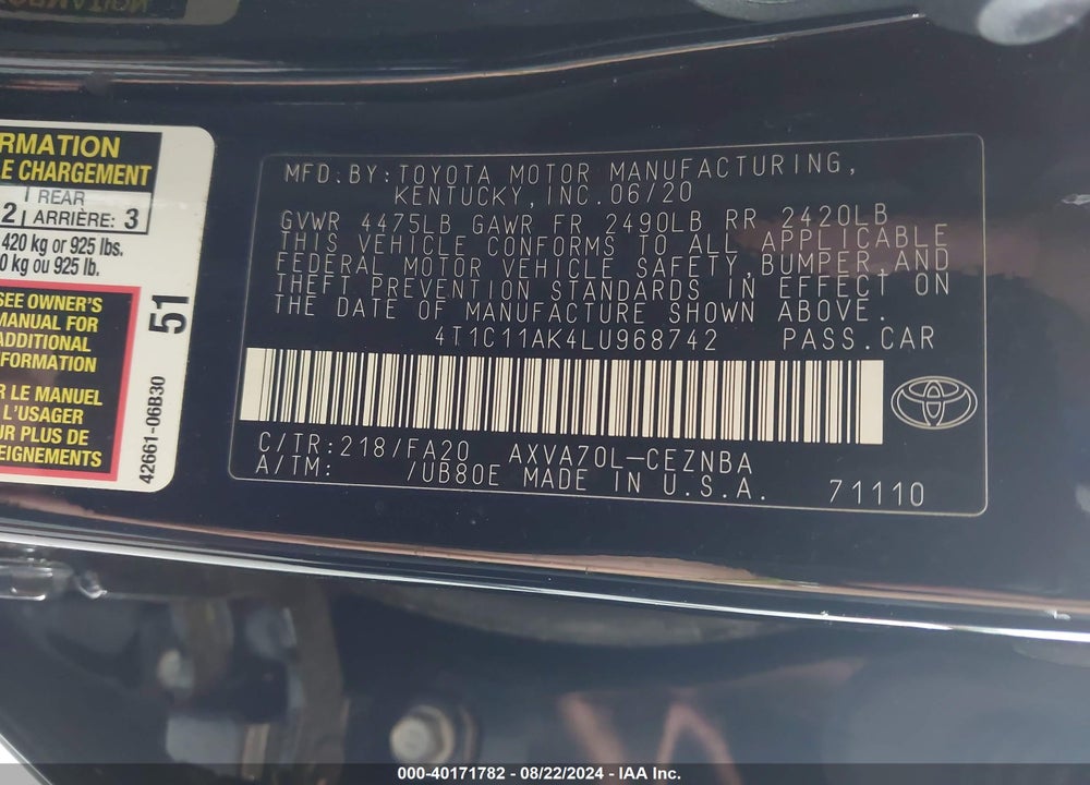 2020 TOYOTA CAMRY LE VIN: 4T1C11AK4LU968742