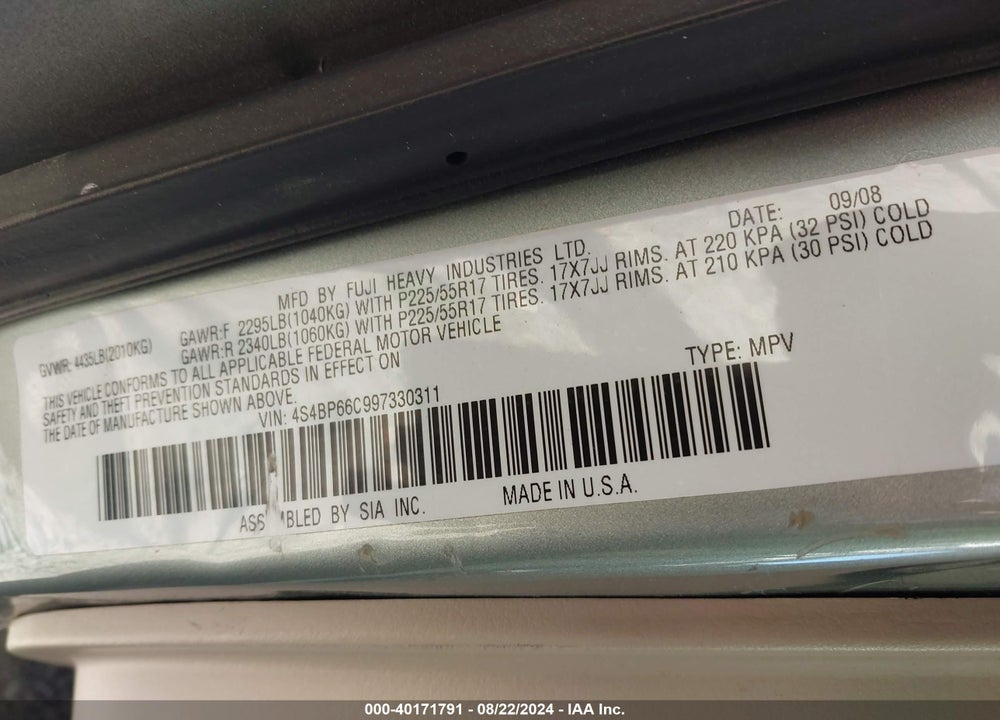 2009 SUBARU OUTBACK 2.5I LIMITED VIN: 4S4BP66C997330311