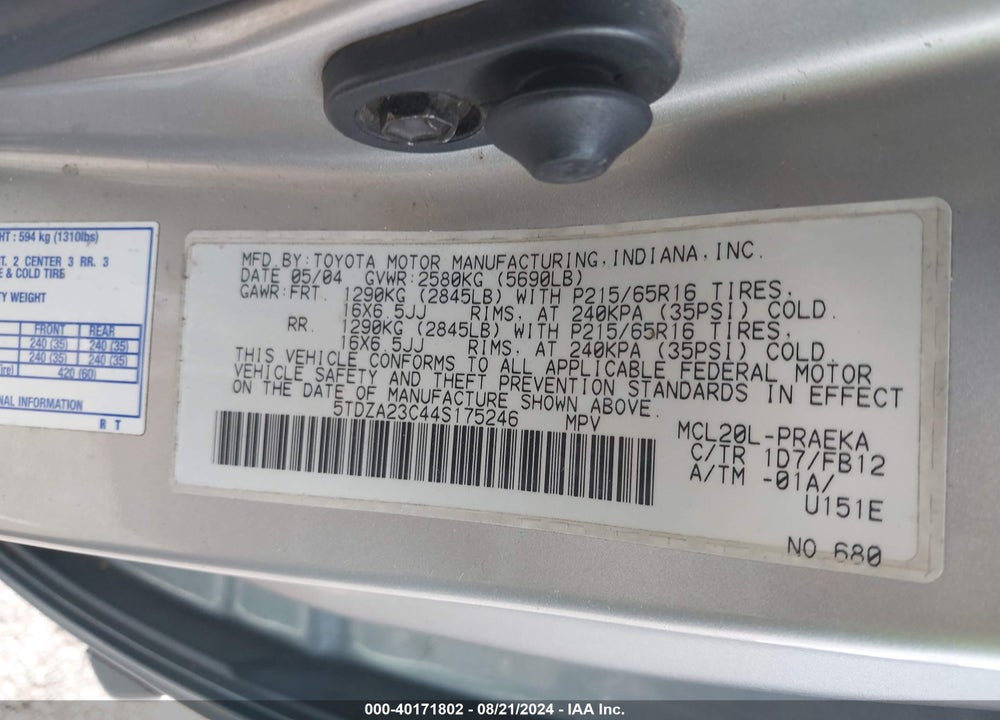 2004 TOYOTA SIENNA LE VIN: 5TDZA23C44S175246