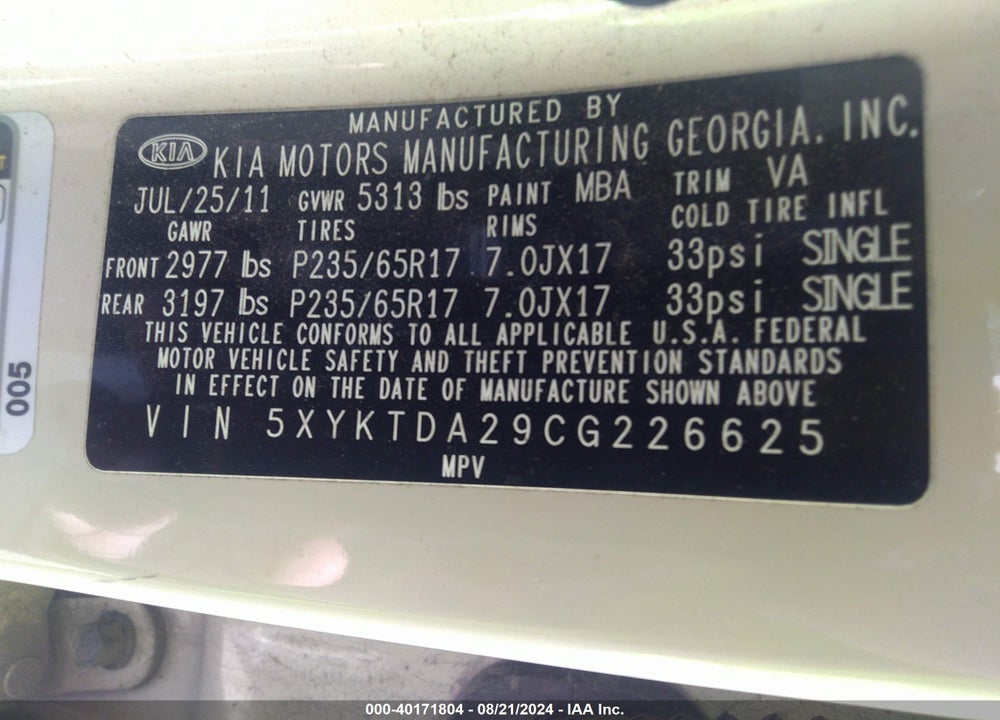 2012 KIA SORENTO LX V6 VIN: 5XYKTDA29CG226625